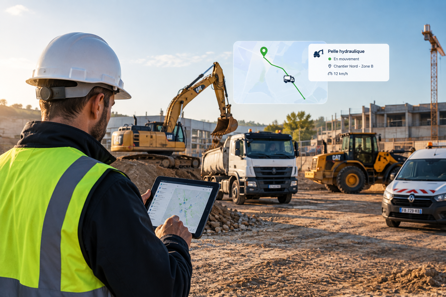 Tablette AMB Auto sur un chantier, engins suivis en temps réel